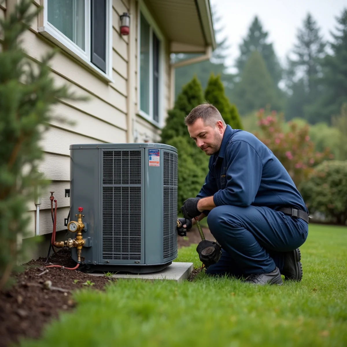HVAC technician servicing a heat pump outside a Lynnwood, WA home on an overcast day